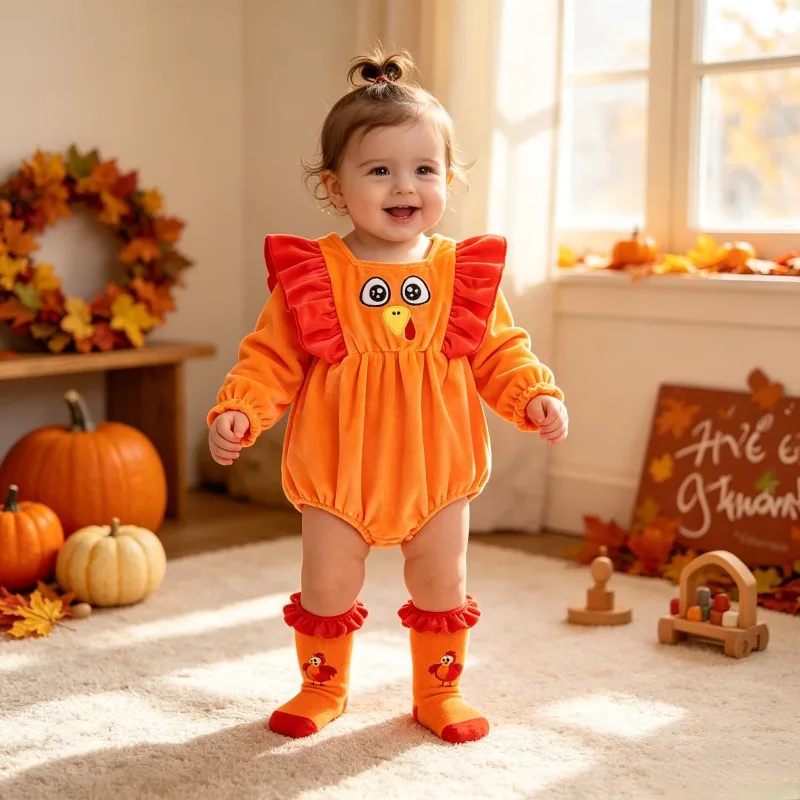 Baby Girls Thanksgiving Turkey Romper Orange Long Sleeve Bodysuit With Ruffled Shoulders And Cute Face Design Costume 0 24M