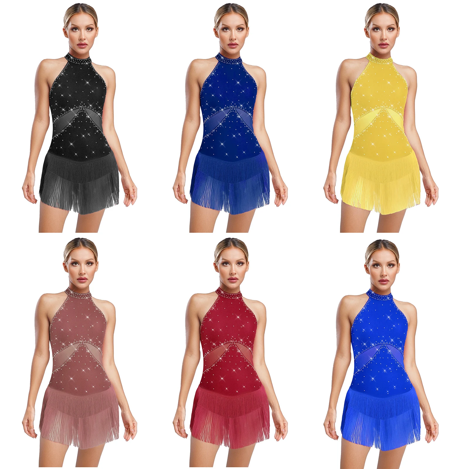 New Womens Latin Cha-cha Dance Leotard Sparkly Rhinestone Tassel Mesh Patchwork Back Hollow Out Bodysuit One Piece Dance Costume