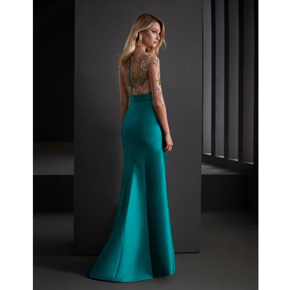 Elegant Women Illusion Evening Party Dresses 2023 Half Sleeves Jade Satin High Split Ruffles Wedding Prom Gowns Formal Vestidos