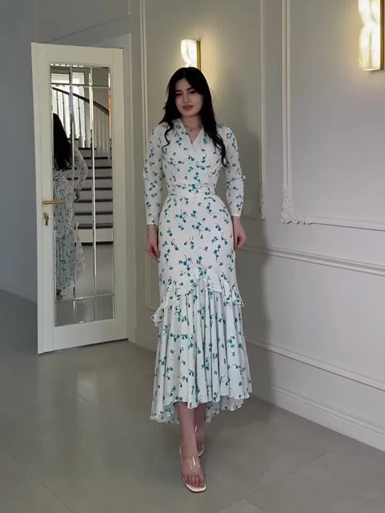 

Elegant Print Flounce Irregular Dresses Spring Women Long Sleeved V Neck Long Dress Autumn High Waist Loose Knee Length Dress