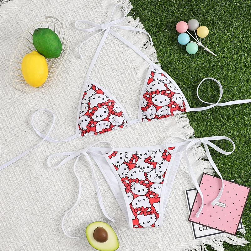 Anime Hello Kitty 2 pezzi intimo per ragazze Cartoon Kt Cat Spoof Kitty bikini costume da bagno con pettorali slip reggiseno da donna alla moda