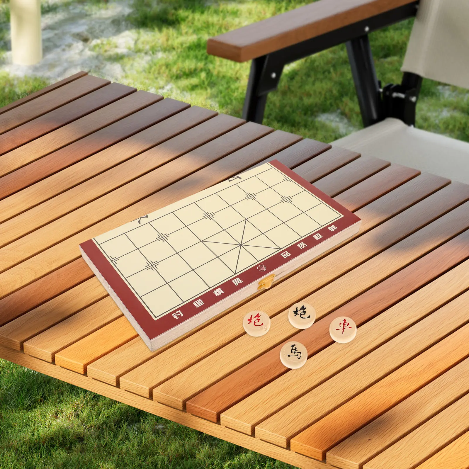

Wooden Chinese Chess Set Xiangqi Folding Board with Built in Storage for Pieces Portable Travel Friendly Traditional Board Game