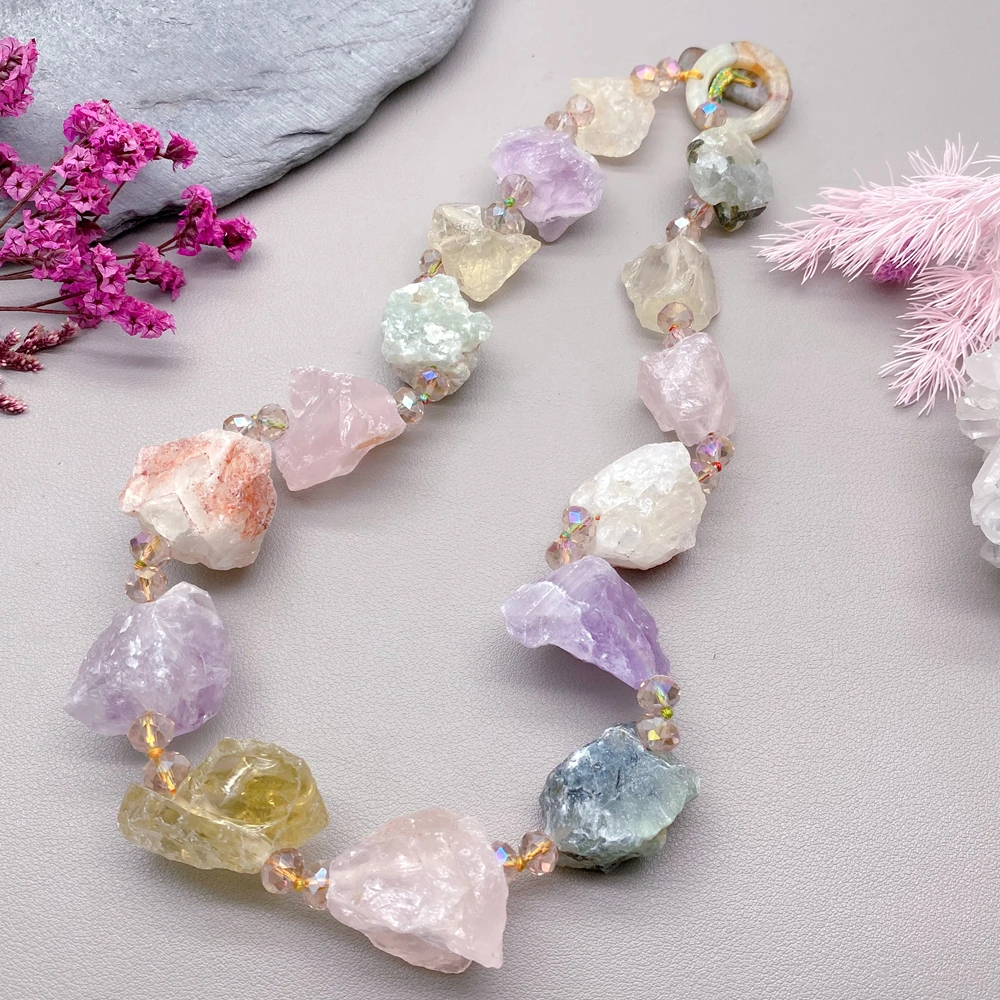 Y·YING Raw Crystal Stone Crystal Amethysts Rose Quartz Lemon Quartz Prehnite Woman Choker Necklace Strand Jewelry
