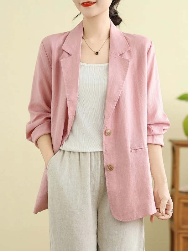 여성용 대형 사이즈 면 린넨 긴 소매 캐주얼 수트 재킷 2025년 봄 트렌디 아우터웨어 싱글 버튼 클로저 단색