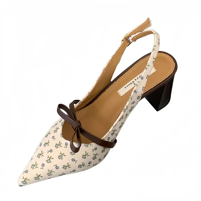 

Ladies Pumps White High Heels Woman Pointed Toe Slingback Shoes Khaki Floral Bow Chunky Heels 7cm Summer Office Shoes