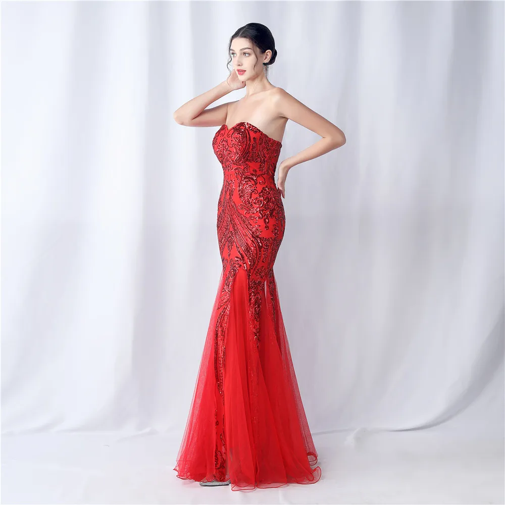 Women\'s Strapless Sweetheart Neck Special Flower Sequined Lace Mermaid Evening Dress Wedding Gown