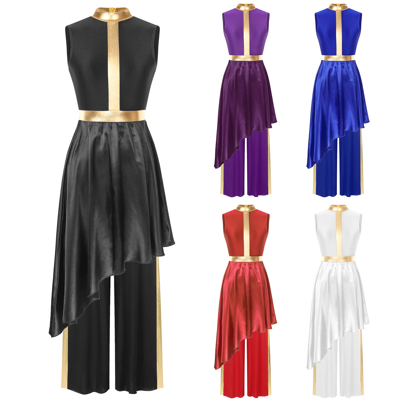 Liturgische danssets voor dames Mouwloze jurk met asymmetrische zoom Onzichtbare danskleding met losse metallic patchworkbroek