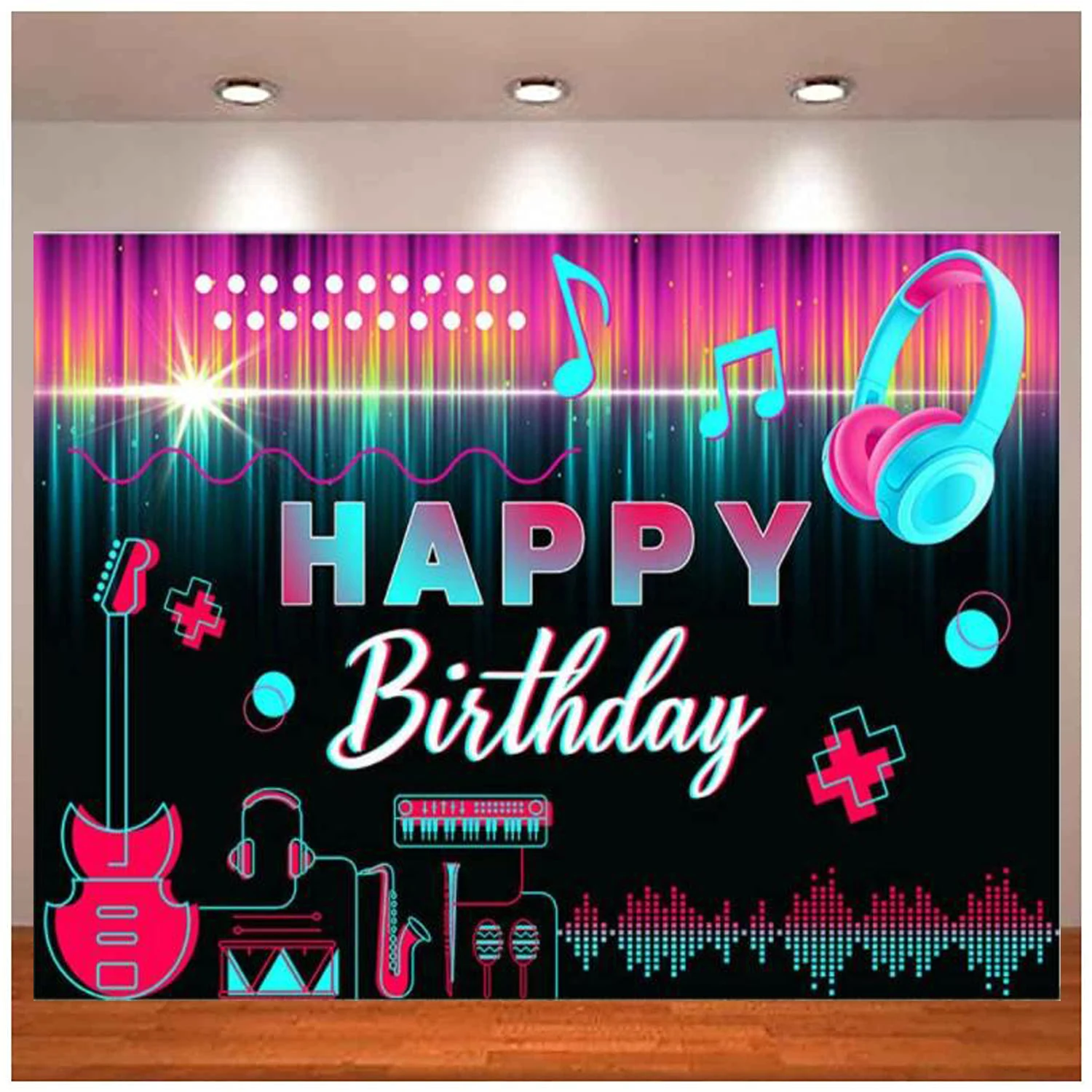 Happy Birthday Backdrop For Women Popular Music Party Decoration Pink Guitar Audio Blue Headset Karaoke Photo Background Banner