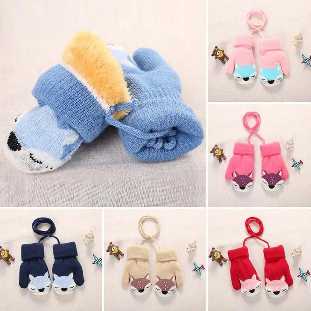 Children Hanging Neck  Cute Knitted Mittens  Gloves Thick Warm For 1-3 Years Old