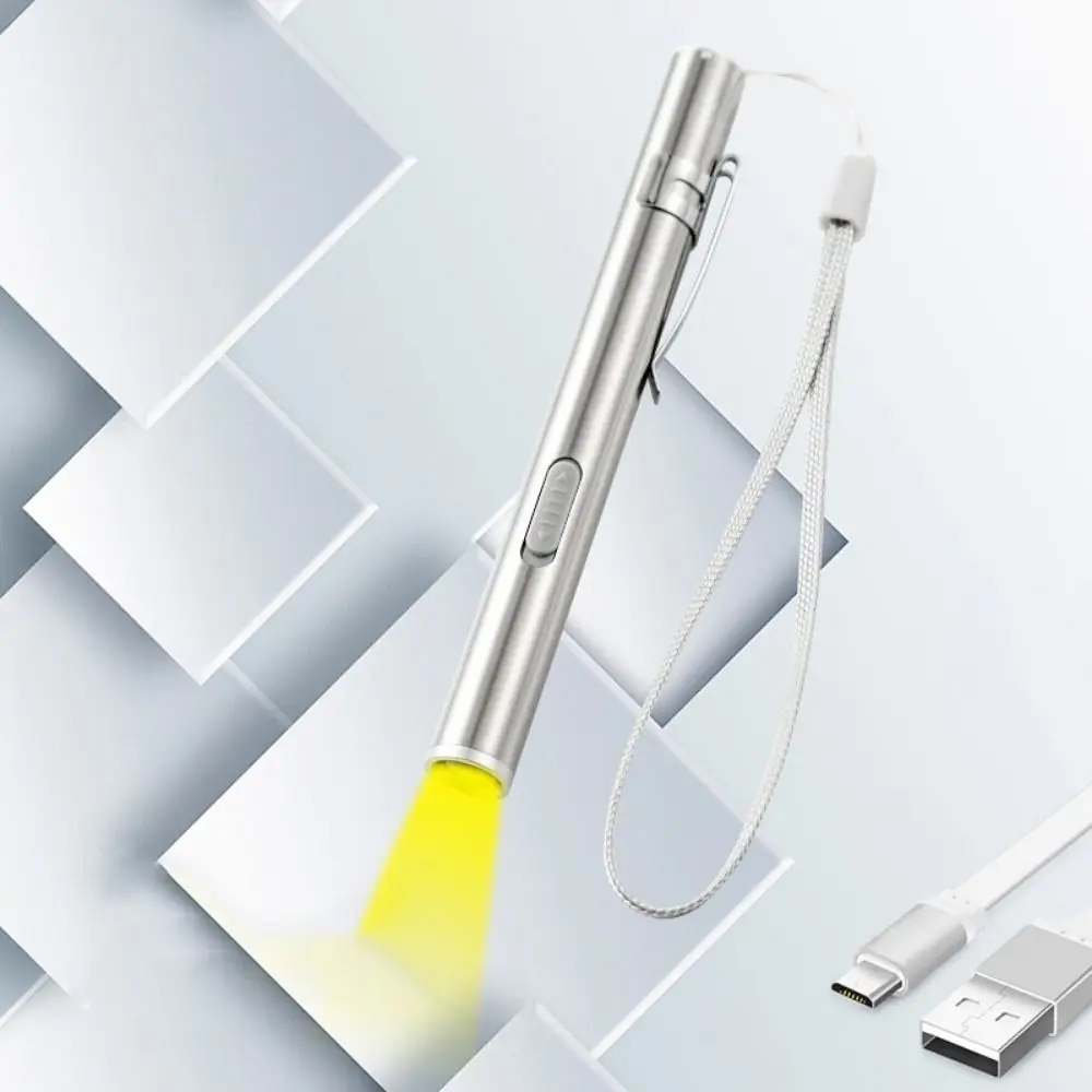 Stainless Steel Doctors Pen Light Yellow/ White Light Portable Nurse Pocket Flashlight Energy-saving with Steel Clip
