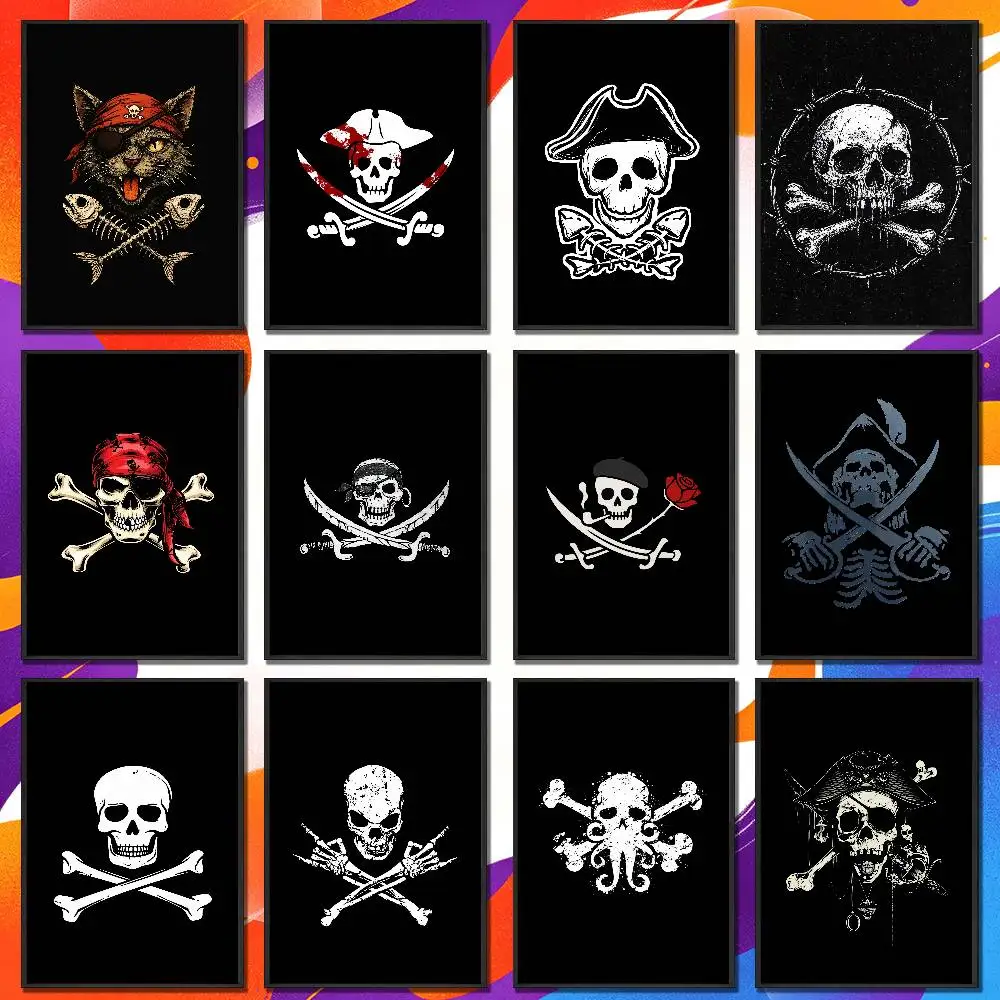 For Fish Cat Skull Pirate Jack Rackham Jolly Roger Poster Cover Wall Murals Home Custom Self-adhesive Decor Sticker Playbill