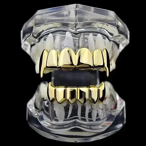 Gold Silver Plated HIP HOP Teeth Grillz Top & Bottom Grills Set With silicone Real Shiny Vampire Tooth Sets