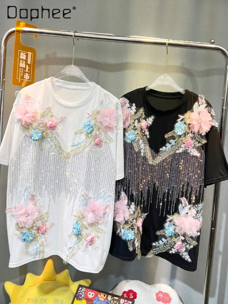 Heavy Embroidery Hot Drilling All-Match Flowers Short-Sleeved T-shirt Women 2024 Summer New  Fashion Loose Mid-Length Black Top