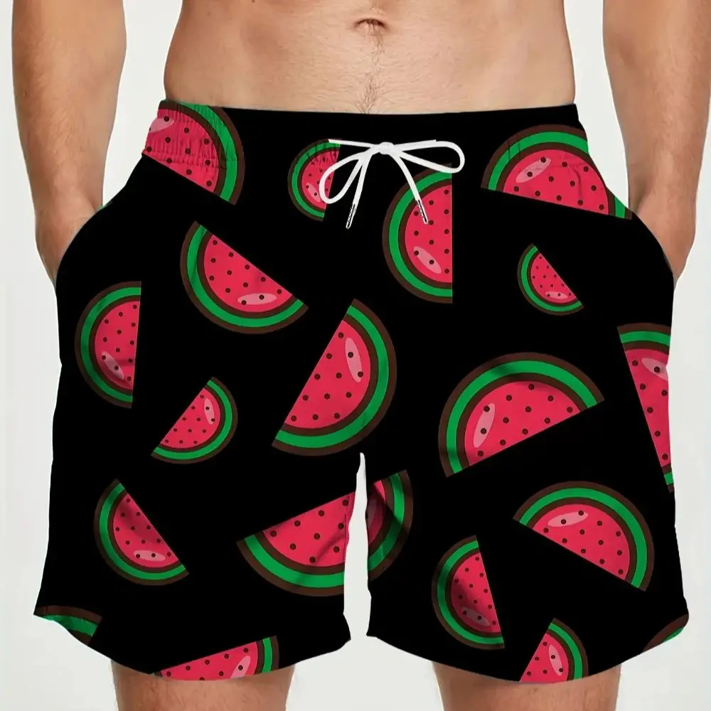 2025 Bañadores de secado rápido para hombre con bolsillos, pantalones cortos de playa informales con estampado de sandías, cordón ajustable para deportes al aire libre
