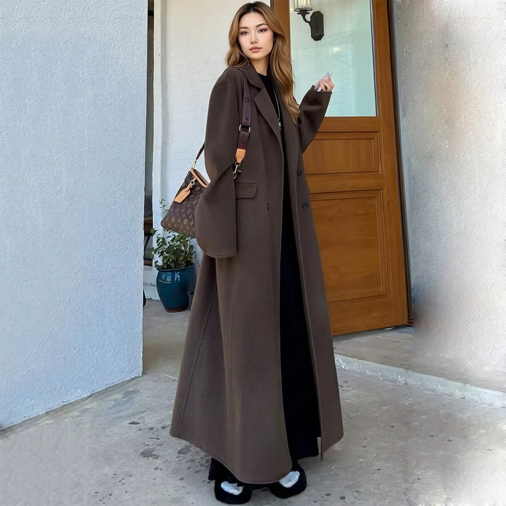 New Women Elegant Daily Double-Faced Wool Coat Autumn Winter Fashion Turn-down Collar Double Breasted Loose Casual Wool Overcoat