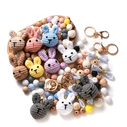 1 Set Handmade Crochet Animal Pendant Diy Set Silicone Bead Wood Bead with Lobster Clasp for Diy Keychain Bag Charms Accessories