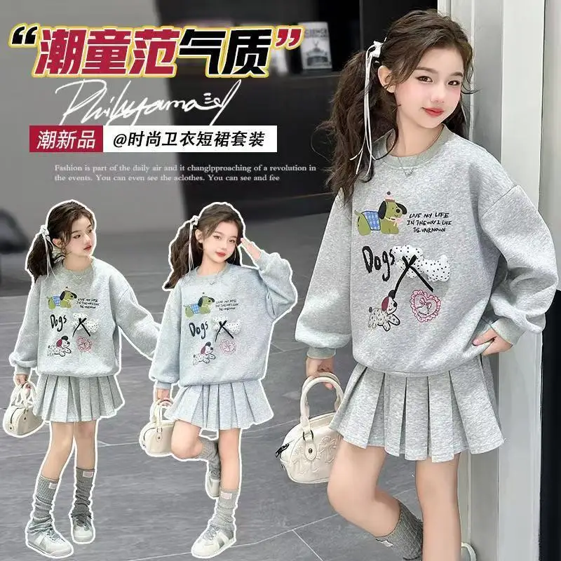 2025 الخريف الشتاء الفتيات مجموعة الملابس المراهقين إلكتروني الكلب قمصان سويت شيرت بقلنسوة تي شيرت + تنورة مطوي 4 8 10 12 14 سنة رياضية #5
