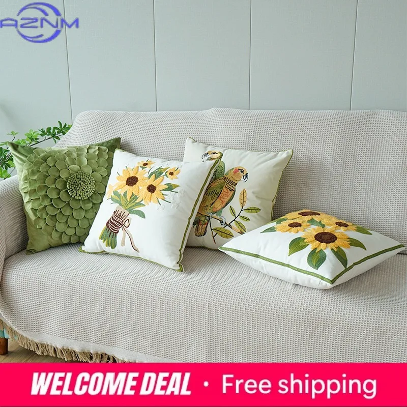 Rural Pillowcase, Fresh Living Room Sofa Pillow, Sunflower Embroidered Waist Pillow, Bedside Cushion