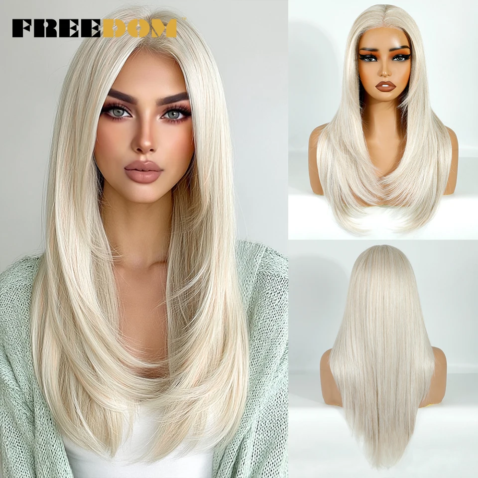 FREEDOM Synthetische Lace-Front-Perücken für Frauen, 20 Zoll, 13x3, glatt, vorgezupft, geschichtete Spitzenperücken, Ombre Braun Blond, Perücke für den täglichen Gebrauch – Detail 14