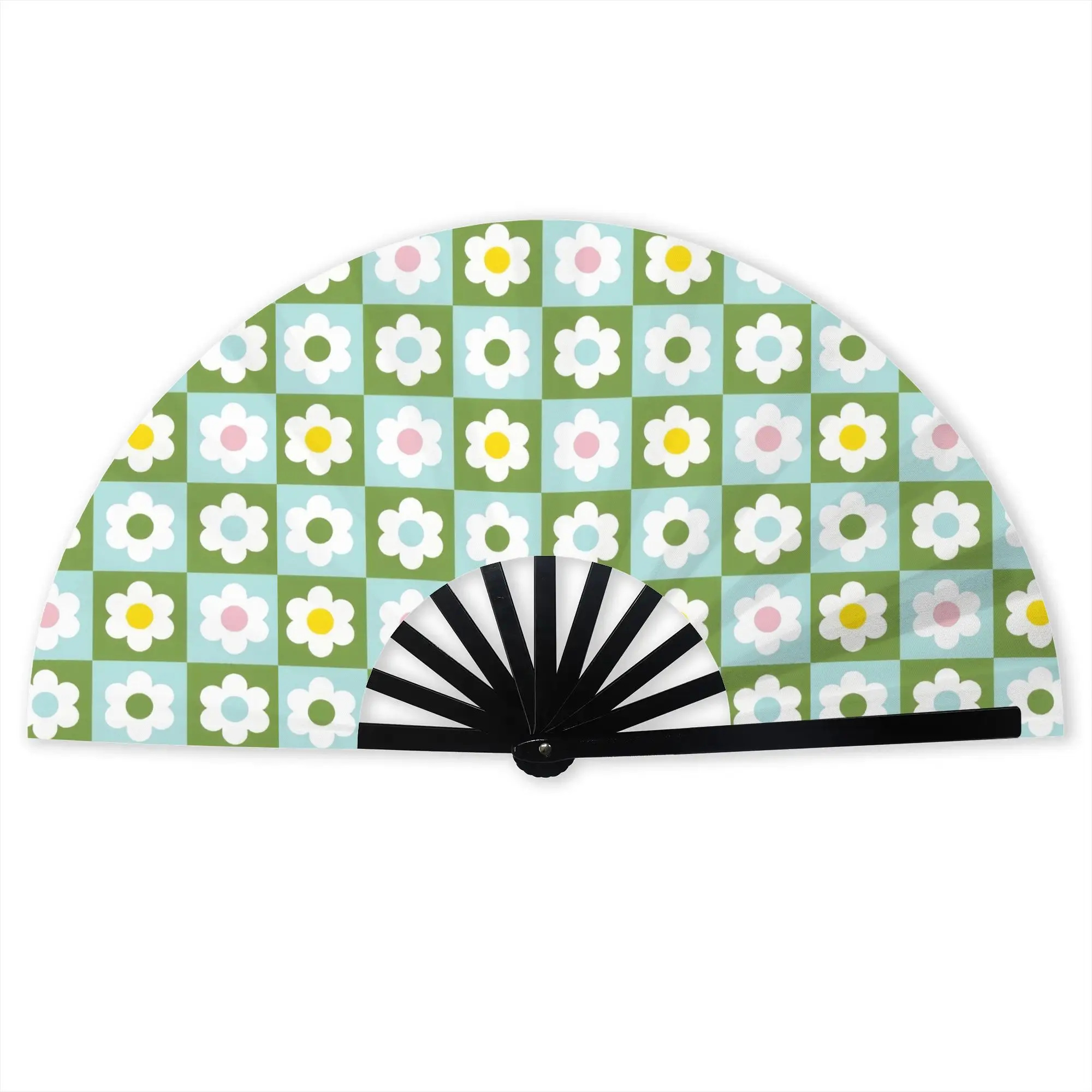 Daisies Checkerboard Flowers  Folding Hand Fan Blue And Green Polyester Fabric Fan Cool Summer Accessory Decorative Fans