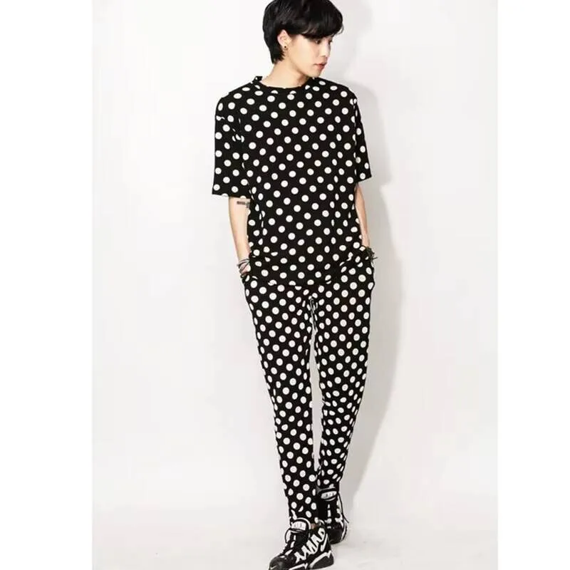 

Новая тонкая мужская модная корейская летняя футболка с принтом в горошек, повседневная футболка с короткими рукавами и круглым воротником большого размера