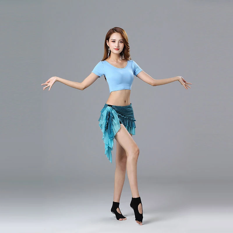 New Women Sexy Dancing Costume Short Sleeve Top Mesh Hip Scarf With Underpatns Belly Dance Practice Wear Dancing Outfit