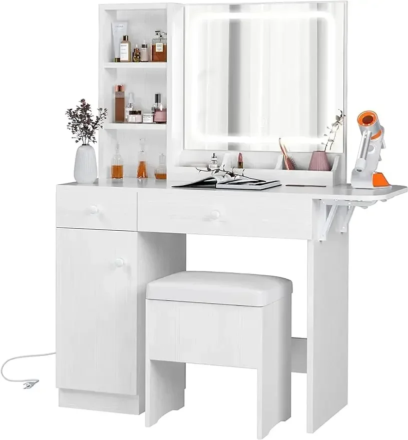 Bureau de courtoisie avec miroir 4.2 par LED et prise de courant, table de maquillage avec armoire de proximité, tabouret de rangement pour chambre à coucher, blanc