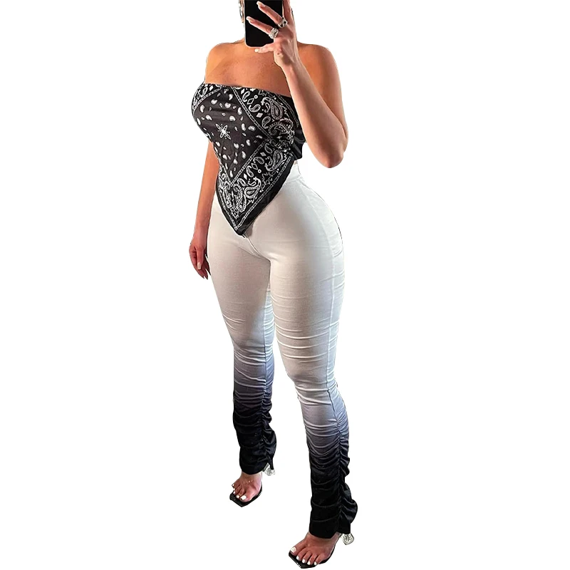 Sets Outifits 2024 New Women Elegant Strapless Crop Tops Asymmetrical All Over Print Sexy Pants Sets