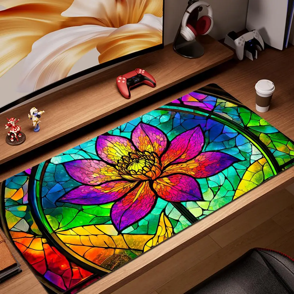 

Coloured stained Lotus Flower Mouse Pad XXL E-sport Mouse Pads for Office Stitched Edge Natural Rubber Anti-Slip Office Mousepad