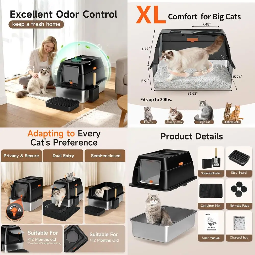 

Large High-Sided Enclosed Cat Litter Box with Lid, Dog Proof Entry, Odor Control, Easy Clean, Includes Mat, Scoop & Step, Black