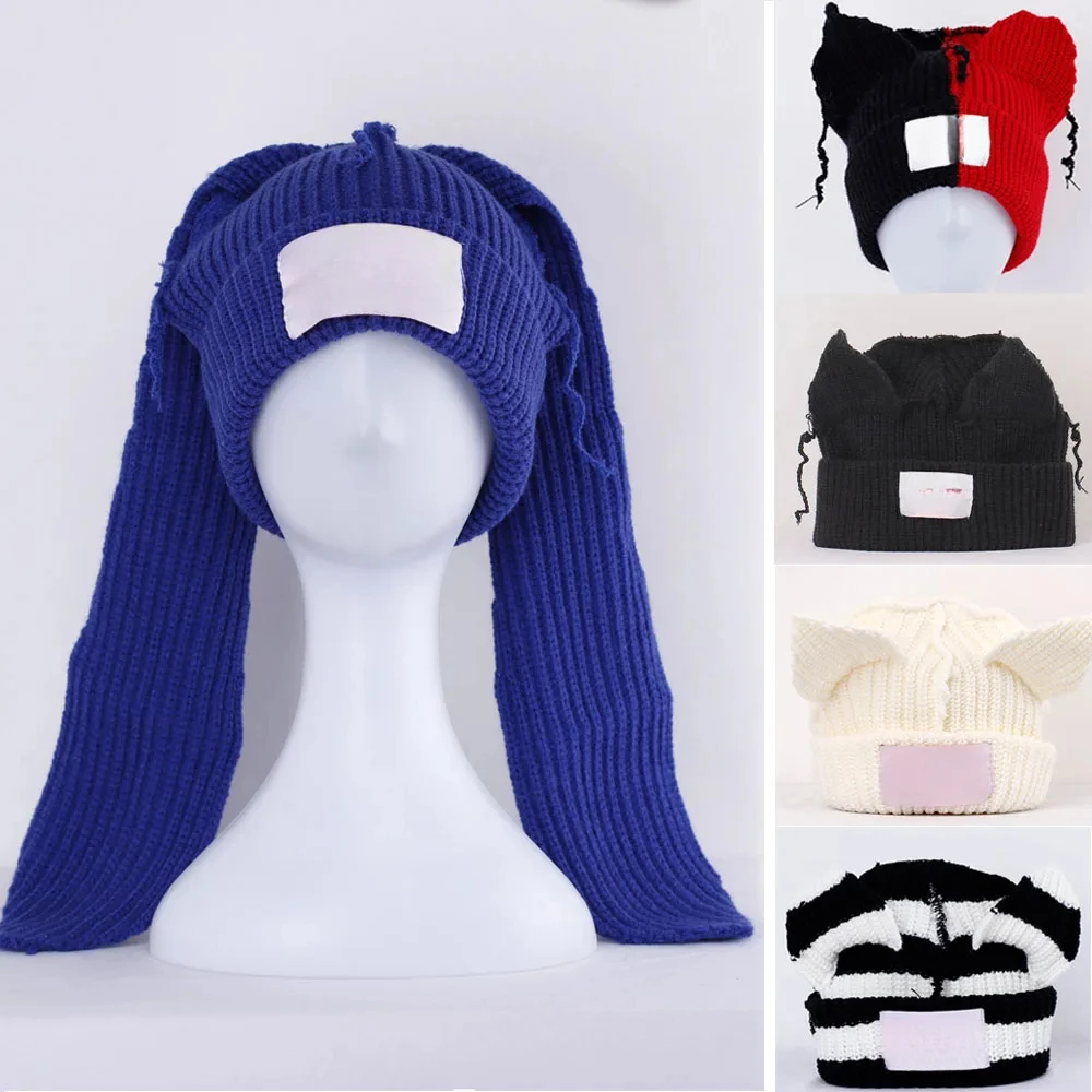

2025 Winter Skullies Cute Women Long ears fox Hat Crochet Knitted Hat Costume Beanie Hats Women christmas Gift Hip-hop Cap