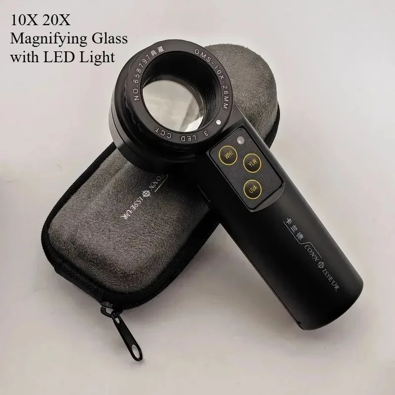 10X 20X Magnifying Glass with LED Light Dual Power Achromatic Magnifier Shadowless Loupe Portable Diamond Watch Identification