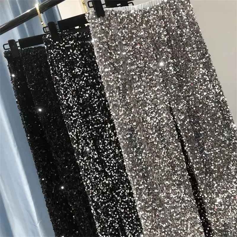

Autumn Winter Sequin trousers Women 2025 New Loose High Waist Straight Pants Solid Color Thicken Fashion Female Wide-Leg Pants