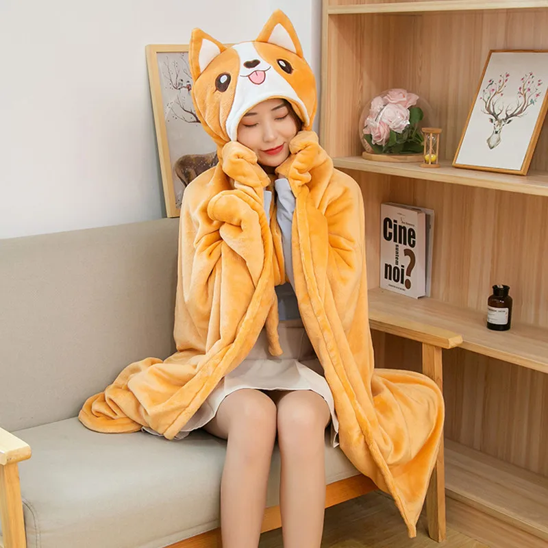 Warm Winter Bed Sofa Blankets Shawl Cape Hoodie Women Girls Kids Cute Plush Oversize Wearable Home Office Blankets Sweatshirts