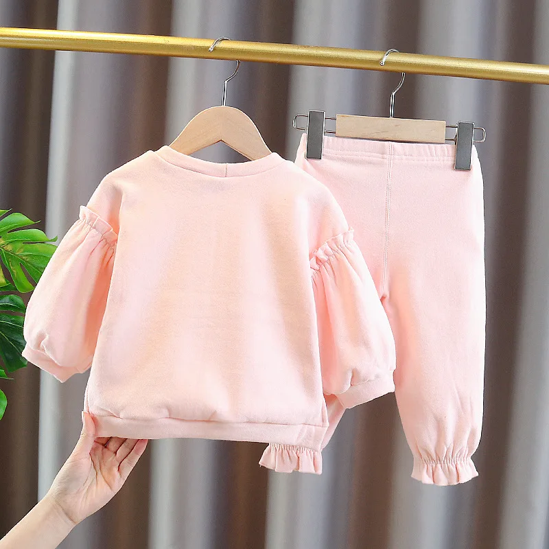 Toddler and Baby Girls Sweet Pink Alphabet Embroidery Ruffled Sleeve Sweatshirt+Sweatpant Kids 2PCS Tracksuit Child Outfit
