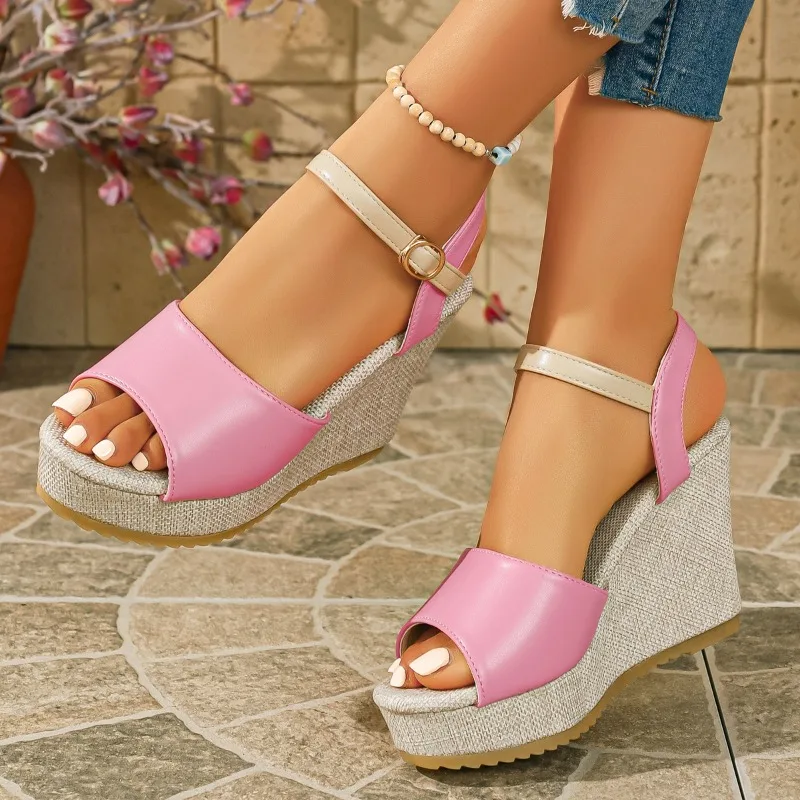 Keilabsatz-Sandalen mit Fischmaul-Design für Damen, Sommerlicher Feenstil, Modische und Vielseitige Plateau-High-Heels, Römische Einriemige Schuhe