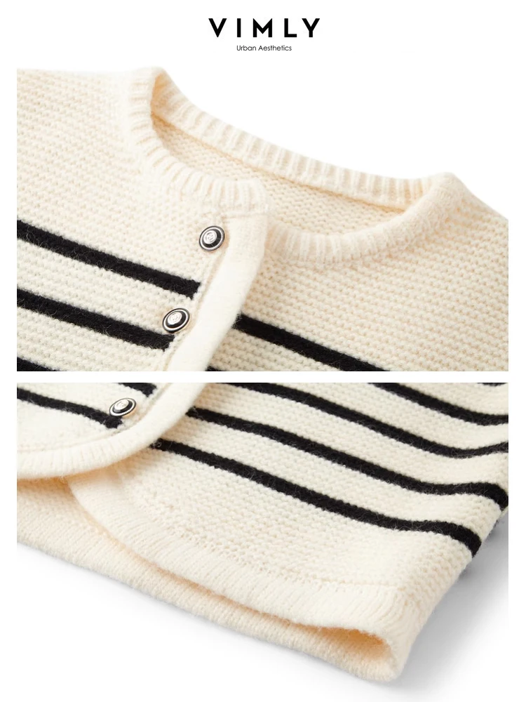 Vimly Striped Round Neck Cropped Knitted Cardigan 2024 Spring French Style Elegant Knit Women Top High Stretth Knitwear 72591