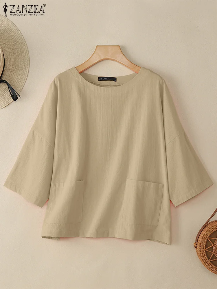 

ZANZEA Day Wear Хлопково-льняные Blusas Mujer с круглым вырезом и передними карманами, женские винтажные топы с рукавами 3/4, повседневные свободные однотонные блузки