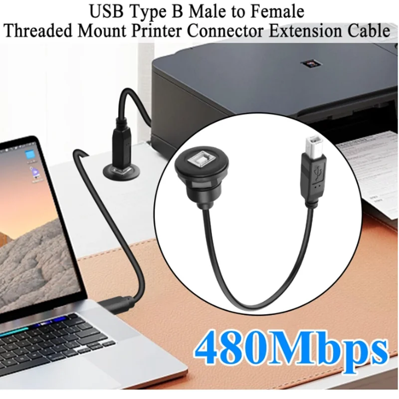 USB Type B 2.0 Male to Female Embedded Bulkhead Mount Connector Extender 480Mbps, for Printer Scanner, 30cm/11.8in