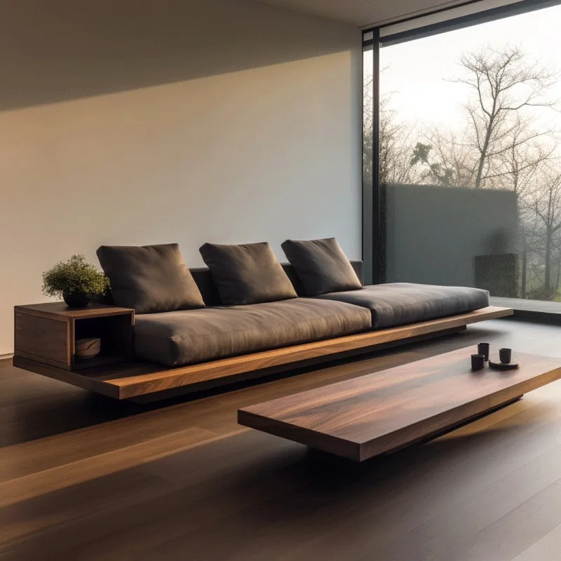 Solid wood straight row North American black walnut sofa, ash wood simple living room villa fabric sofa