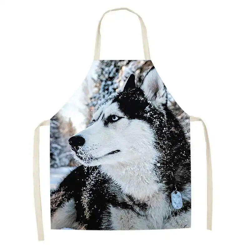 Cute Dog Graphic Printed Kitchen Apron Women's Sleeveless Linen Home Baking Cooking Kitchen Apron Dining Room Easy Clean Bibs