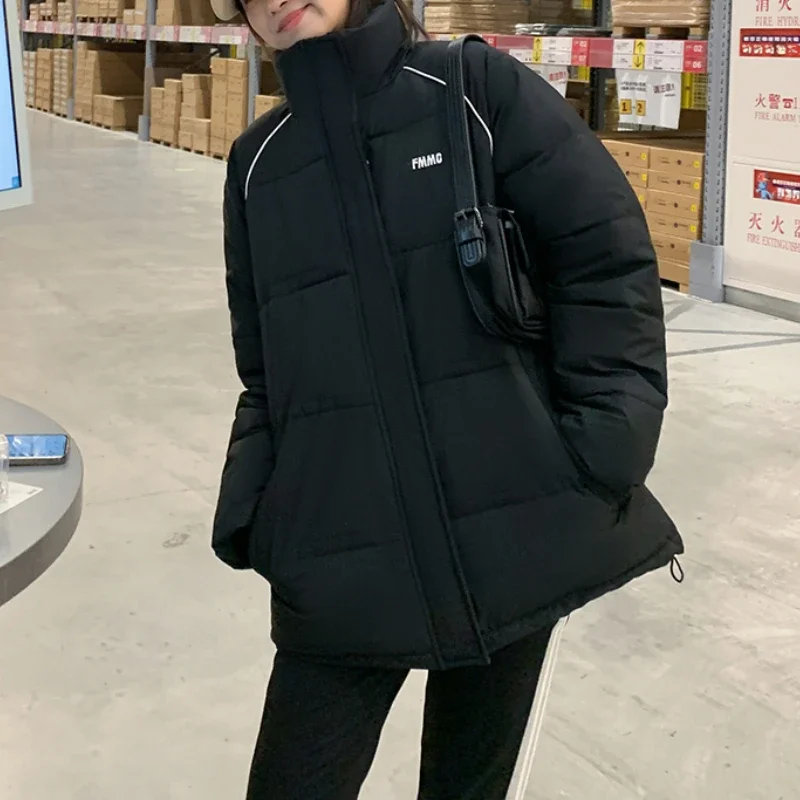 Chaquetas gruesas acolchadas de plumón para mujer, abrigo holgado de algodón con cremallera, cuello alto, ropa de abrigo para estudiantes, invierno, 2023