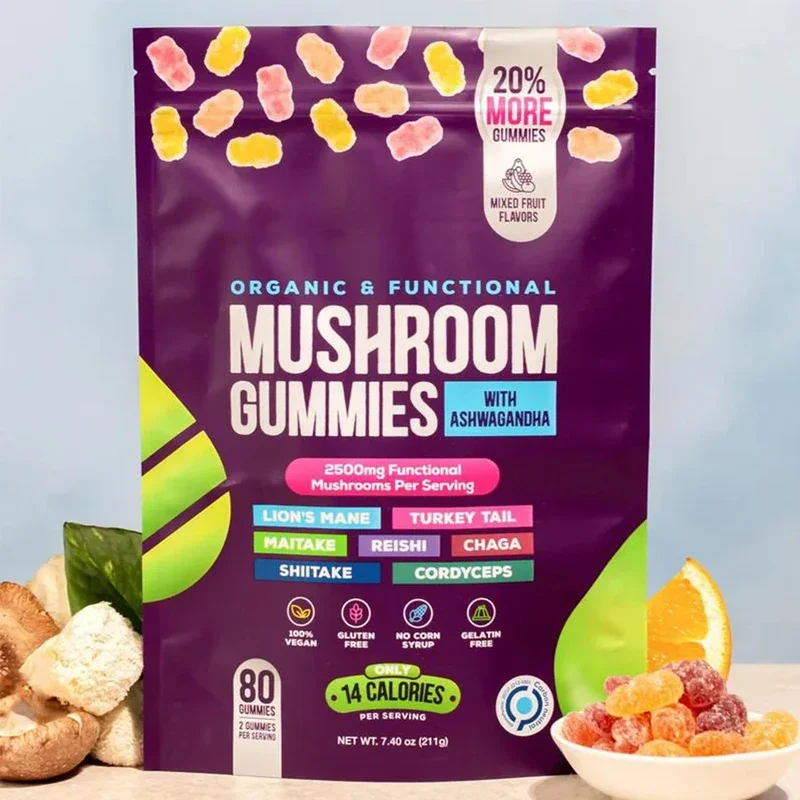 80 Count Organic Mushroom Gummies with Ashwagandha & Lions Mane Immune Support & defense, Brain Boost, Vegan view 2