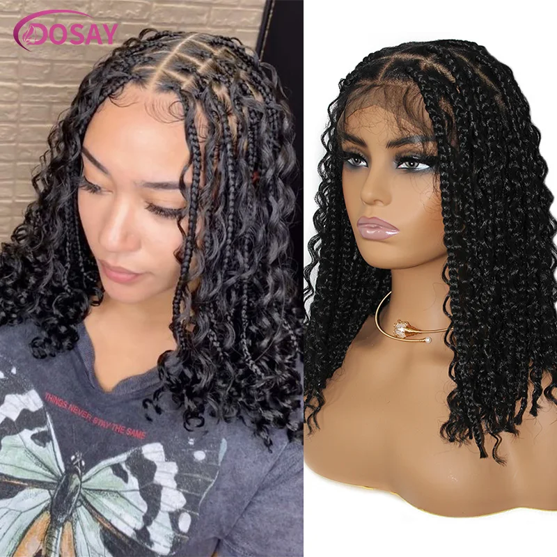 

Boho Short Cornrow Braids Wig Synthetic Knotless Braided Wigs For Women 12'' Full Lace Frontal Wig Curly Ends Square Box Braids