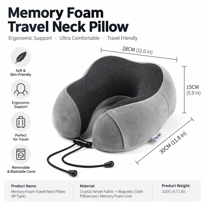 Memory Foam Neck Pillow Travel, Portable U Shape Cervical Support, Slow Rebound Airplane Office Nap, Cushion Car Headrest Gift