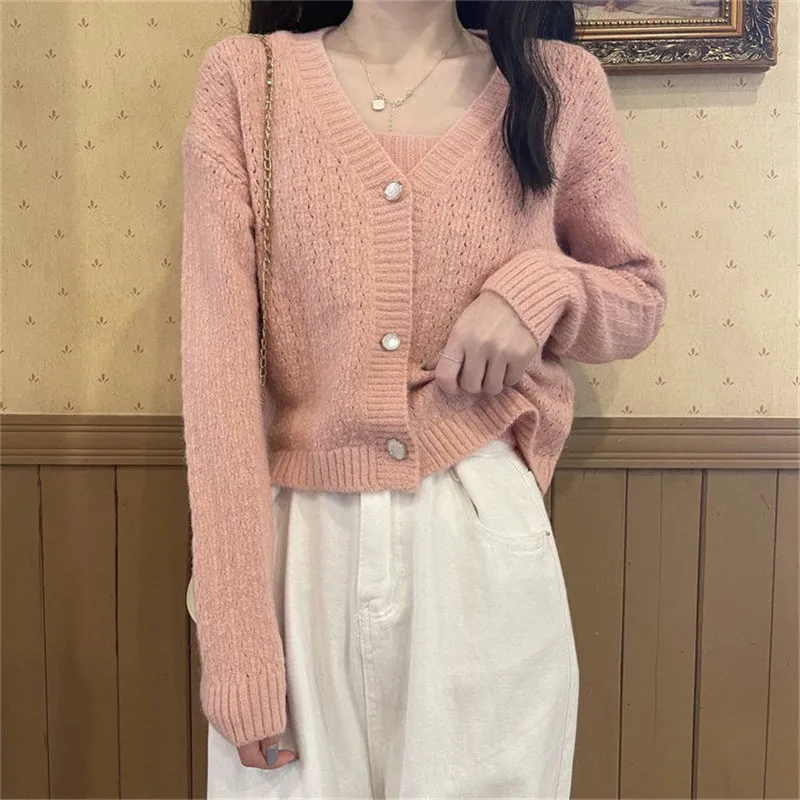 Women\'s Knitted Cardigan Jacket with Suspender Sweater Two-piece Set Korean Fashion Women Clothing Spring and Autumn Top Pink