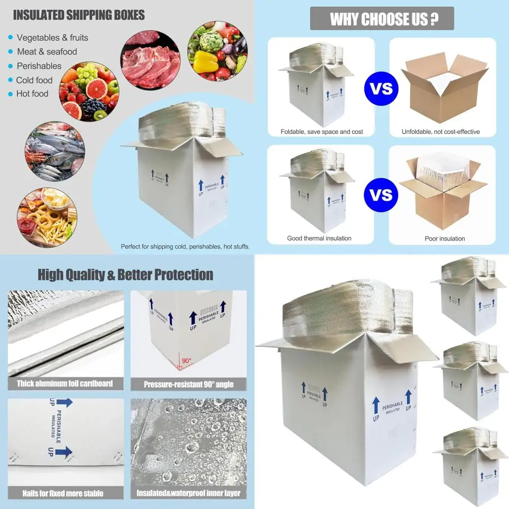 

4 упаковки многоразовых изолированных транспортировочных коробок для замороженных продуктов, 26x11x19, с вкладышами из алюминиевой фольги для холодных отправ