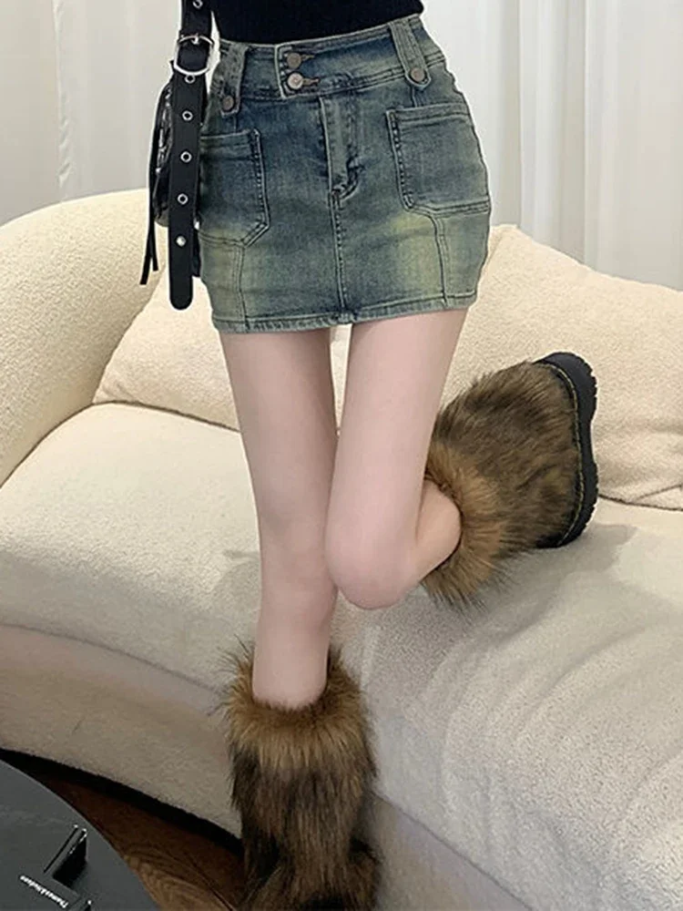 

Female Korean Retro High Waist Baggy Short Skirts Girls Fashion Elastic A Line Denim Dress Woman Large Siz Yellow Mini Skirtse