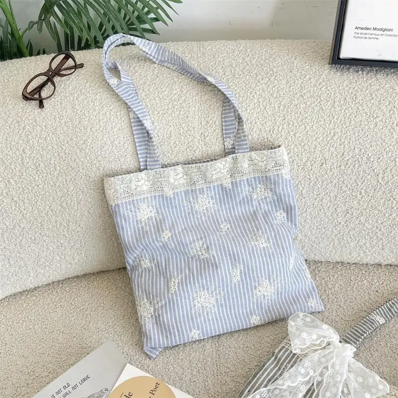 Große Tragetasche mit Spitze und Schleife im Koreanischen Stil, Einfache Canvas-Handtasche, Kawaii Stofftasche mit Großer Kapazität für Reisen – Detail 6
