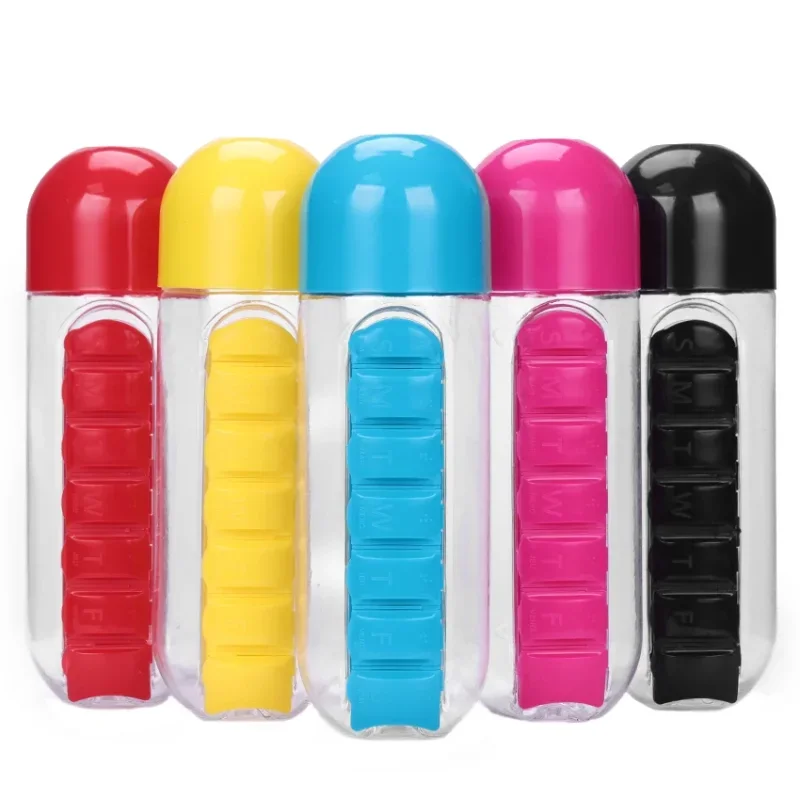 600ml Sports Plastic Water Bottle Combine Daily Pill Boxes Capsule Water Cup Medicine Organizer Drinking Bottles Pill cases 1PC